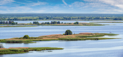 Dnipro river summer panoramic landscape, Kaniv water Reservoir, Kyiv Region, Ukraine.