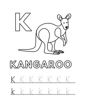 Alphabet with cute cartoon animals isolated on white background. Coloring pages for children education. Vector illustration of kangaroo and tracing practice worksheet letter K