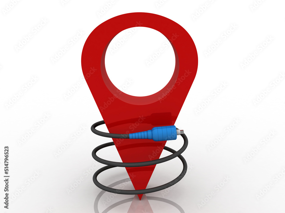 Poster 3d rendering red map pointer connected aux cable