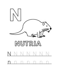Alphabet with cute cartoon animals isolated on white background. Coloring pages for children education. Vector illustration of nutria and tracing practice worksheet letter N