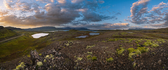 Sunset view during auto trip in West Iceland highlands, Snaefellsnes peninsula, Snaefellsjokull...