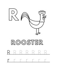 Alphabet with cute cartoon animals isolated on white background. Coloring pages for children education. Vector illustration of rooster and tracing practice worksheet letter R