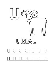 Alphabet with cute cartoon animals isolated on white background. Coloring pages for children education. Vector illustration of urial and tracing practice worksheet letter U