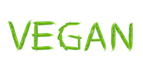 lettering vegan stacked of whole pea pods on white isolated background