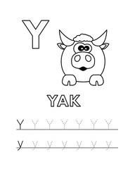 Alphabet with cute cartoon animals isolated on white background. Coloring pages for children education. Vector illustration of yak and tracing practice worksheet letter Y