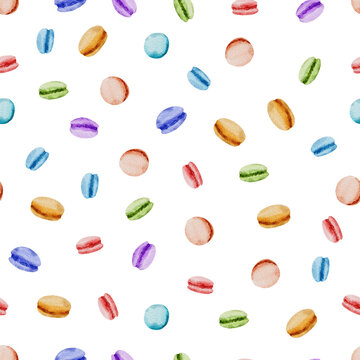Watercolor seamless pattern with colorful macarons on white background