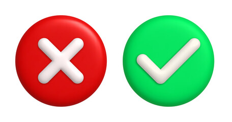 Check mark and cross mark 3d icons on green and red round background. 3d realistic design element.