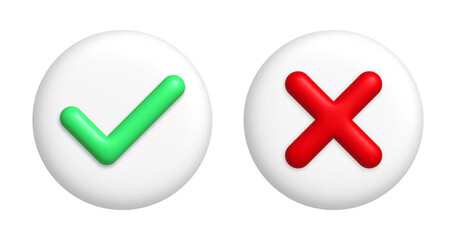 Red cancel cross mark and green checkmark icons on round white buttons. 3d realistic design element.