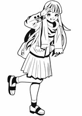 A cute schoolgirl girl in a school uniform, wearing a scarf, skirt, shoes, long blond hair drawn in the style of Japanese manga comics, standing on one leg