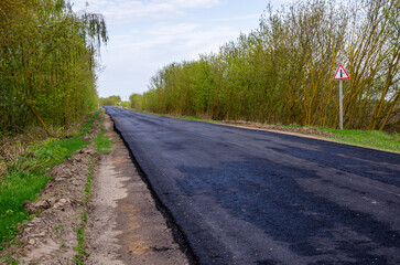 An asphalt road going into the distance, a spring landscape in sunny weather, a roadside.