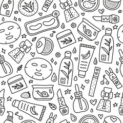 Seamless pattern with doodle asian cosmetics.