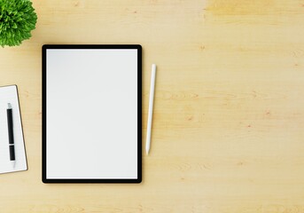 Top view of digital tablet computer mockup with isolated empty screen and wireless stylus pen on...