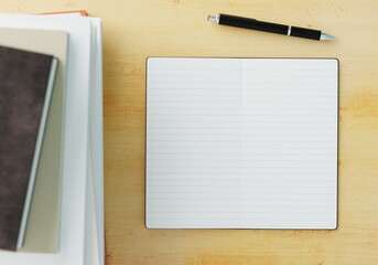 Top view of digital tablet computer mockup with isolated empty screen and wireless stylus pen on...