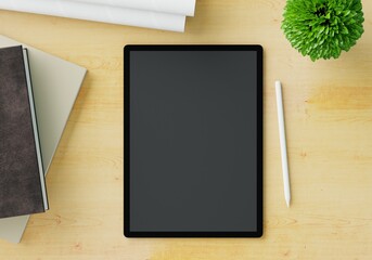 Top view of digital tablet computer mockup with isolated empty screen and wireless stylus pen on...
