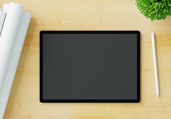 Top view of digital tablet computer mockup with isolated empty screen and wireless stylus pen on...
