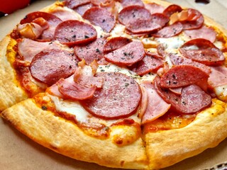 pizza with salami  pepperoni and cheese close-up