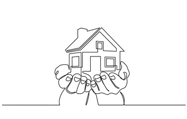 Continuous one line drawing of a hands holding a miniature house. Hand-carried small house miniature, perfect for real estate home sales marketing in doodle style