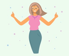 Obraz na płótnie Canvas Cartoon character of a woman smiling and making a good gesture. Flat vector design. Happy successful girl raises her hands celebrating success. The concept of human emotions, positive mood, joy.