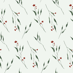 Seamless pattern with small flowers, leaves on thin ink branches. Elegant floral print, minimal botanical background with painted plants on a light field. Vector illustration.