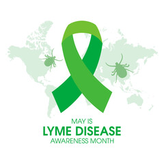 May is Lyme Disease Awareness Month vector. Green awareness ribbon and world map icon vector isolated on a white background. Tick silhouette icon. Important day