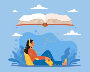 Audiobook. Online Library, young girl in headphones with book, listening audio, education and e-learning, online media. Enjoying literature and learning, vector cartoon flat concept