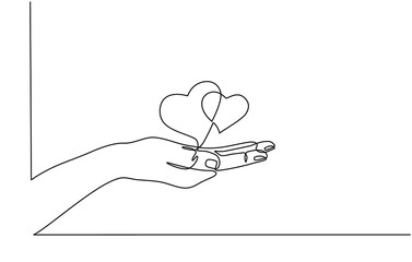 Continuous line drawing of two cute and sweet hearts. Hand symbol carrying minimalistic love. For Valentine's Day greeting cards, lover's birthday, love greetings for couples. love in doodle style.