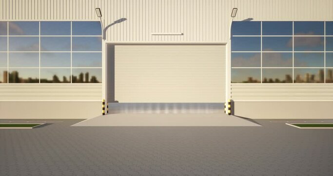 3d rendering of exterior commercial building, roll up metal door or roller shutter. May called modern factory, warehouse, hangar, shop and garage. Include empty concrete floor for industial background