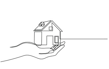 Continuous one line drawing of a hands holding a miniature house. Hand-carried small house miniature, perfect for real estate home sales marketing in doodle style