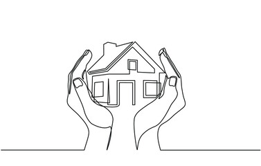 Fototapeta na wymiar Continuous one line drawing of a hands holding a miniature house. Hand-carried small house miniature, perfect for real estate home sales marketing in doodle style