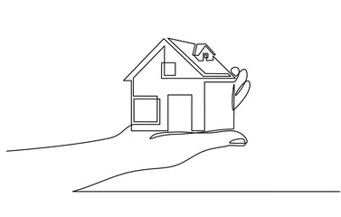 Continuous one line drawing of a hands holding a miniature house. Hand-carried small house miniature, perfect for real estate home sales marketing in doodle style