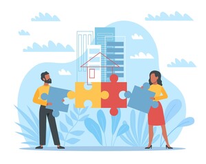 Cooperation in construction business, unification in work. Man and woman hold puzzle pieces, joint efforts to build house, family mortgage. People collaboration. Vector teamwork concept
