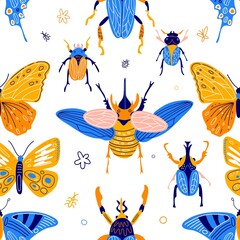 Cute insects pattern. Funny bugs and colorful butterfly isolated on white background, decorative flying beetles, little bright nature creations. Decor textile, swanky vector background