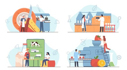 Dairy production industry. Agricultural goods creation process, food sector worker, making milk and cheese, fruit yogurt, healthy products. Manufacturing nowaday vector cartoon flat set