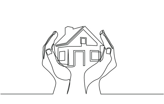 Continuous one line drawing of a hands holding a miniature house. Hand-carried small house miniature, perfect for real estate home sales marketing in doodle style