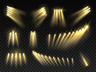 Football stadium lights. 3d warm spotlights, bright yellow studio lamps, stage projectors, party isolated floodlights, different direction projector utter vector isolated set - obrazy, fototapety, plakaty