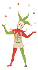 Jester joggling balls. Funny laughing medieval character