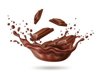 Realistic chocolate splash. Dark cocoa liquid with bars pieces, dessert products motion, cocoa syrup swirl and drops, advertising sweet composition, utter vector isolated concept