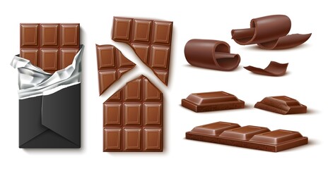 Realistic chocolate. Dark and milk chocolate bars, sweet cocoa product, wrapped, whole and pieces, dessert food, tasty large chips, confectionery snack utter vector isolated set