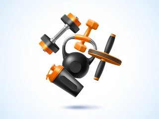 Foto auf Acrylglas Realistic fitness composition. 3d sport objects, flying elements, workout gym tools, shaker, kettlebell and dumbbell, gym accessories, training yoga equipment, utter vector isolated concept © YummyBuum