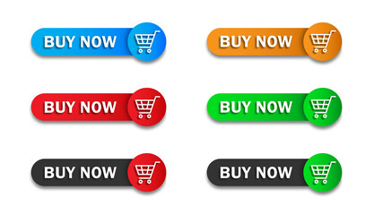 Buy now button with shopping cart icon. Buy now signage. Flat vector illustration.