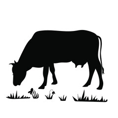 Cow in the meadow. Black vector silhouette.