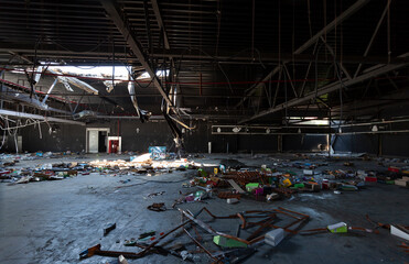 supermarket pavilion destroyed as a result of the war in the Kyiv region, in the city of Bucha