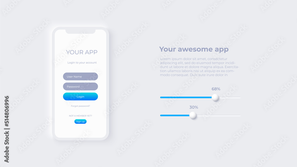Poster Smartphone with login form for app development. Concept of mobile application. Neumorphic design mockup.