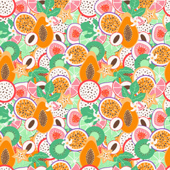 Seamless exotic fruit pattern. Juicy tropical cocktail with fruit slices, leaves, flowers. Hand drawn doodle vector illustration. Bright summer print for fabric, wallpaper, wrapping paper, background