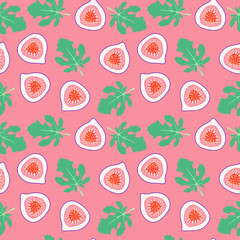Seamless fig pattern. Tropical exotic fruit vector illustration. Hand drawn doodle. Summer pastel print for wrapping paper, package, menu design, kitchen wallpaper, textile, background. Sweet food art