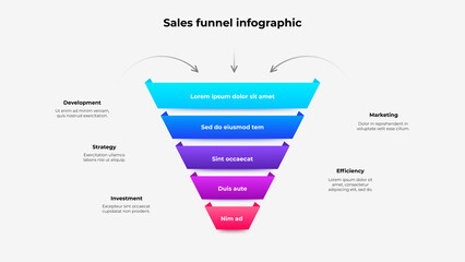 Sales funnel infographic. Creative diagram divided into 5 parts, steps or options.