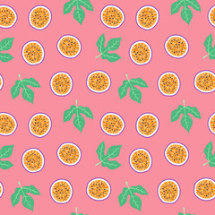 Seamless maracuja pattern. Passion fruit slices and tropical leaves. Hand drawn doodle flat vector illustration. Summer pastel fruit print 
for fabric, wallpaper, wrapping paper, food package design