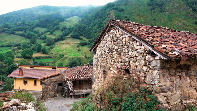 photographic image, rural houses made of stones in the middle of the vegetation, wooded area, Asturias. Spain