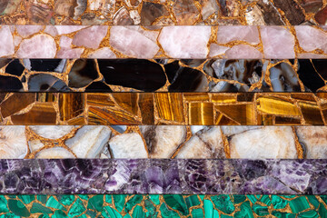 Panele Szklane  Agate, Tigers Eye, Amethyst, Malachite, Petrified wood, Rose Quartz. Collection, set of luxury precious stones with gold leafs for exclusive artwork.