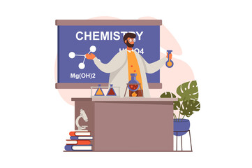 School teacher web concept in flat design. Man making chemical experiment with laboratory equipment and test tubes in classroom. Education and gain knowledge. Illustration with people scene